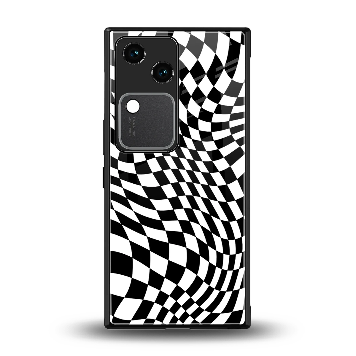Trippy BW Checkers back phone cover | glass case for vivo v30