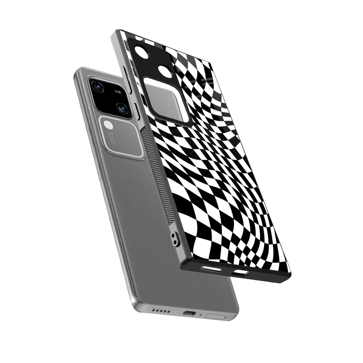 Trippy BW Checkers sleek vivo v30 cover with tempered glass back and TPU edges
