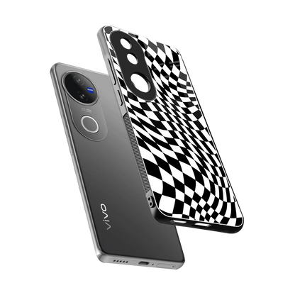 Trippy BW Checkers sleek vivo v50 cover with tempered glass back and TPU edges