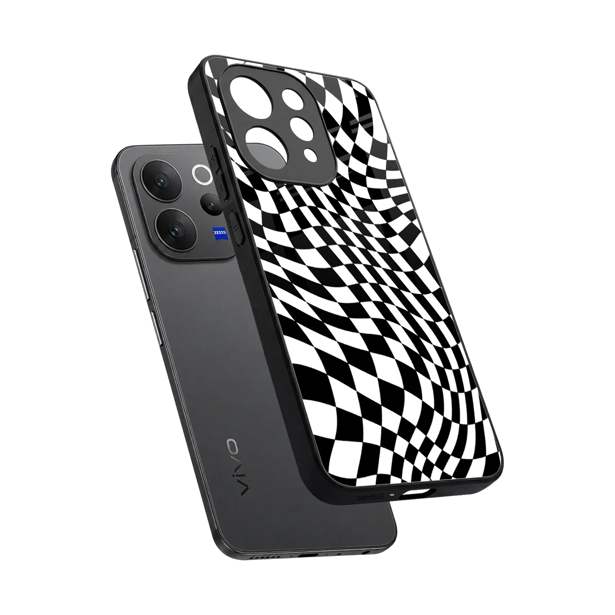 Trippy BW Checkers sleek vivo v70 elite cover with tempered glass back and TPU edges