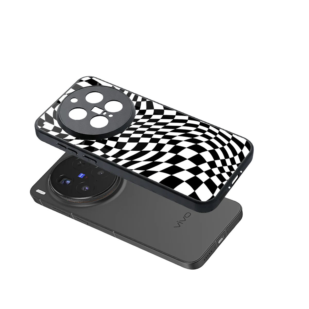 Trippy BW Checkers sleek vivo x300 pro cover with tempered glass back and TPU edges