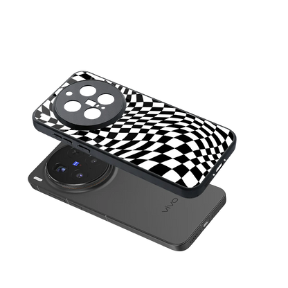Trippy BW Checkers sleek vivo x300 pro cover with tempered glass back and TPU edges