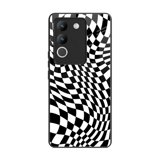 Trippy BW Checkers back phone cover | glass case for vivo y200 5g