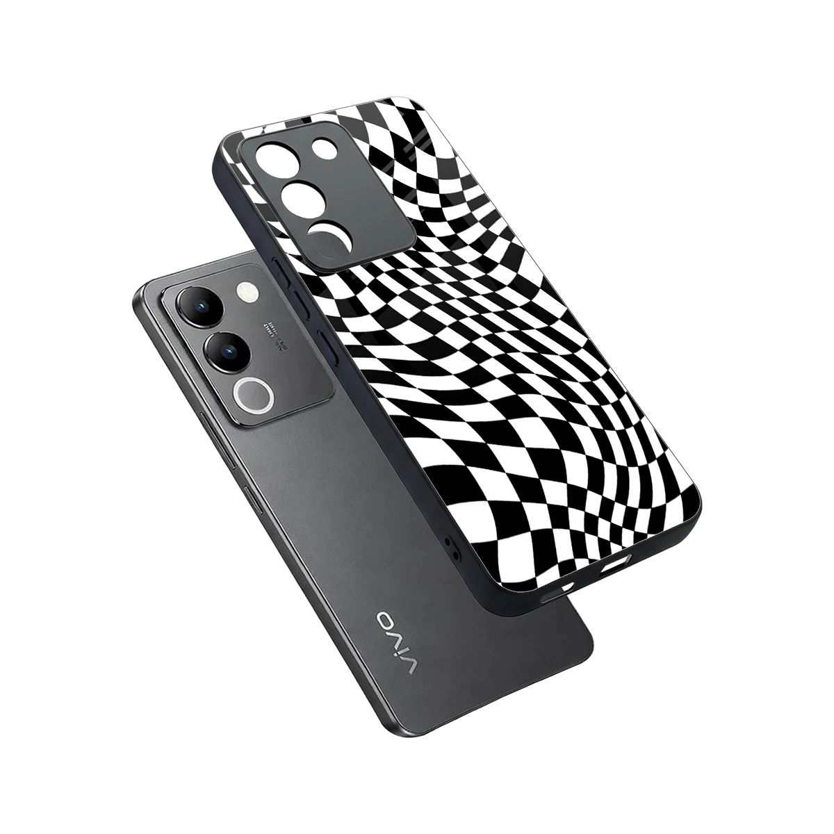 Trippy BW Checkers sleek vivo y200 5g cover with tempered glass back and TPU edges