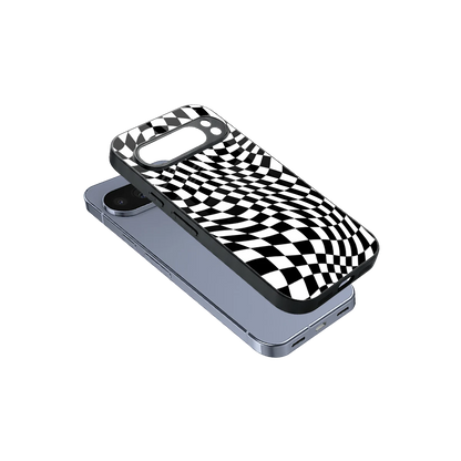 Trippy BW Checkers sleek google pixel 10 pro cover with tempered glass back and TPU edges