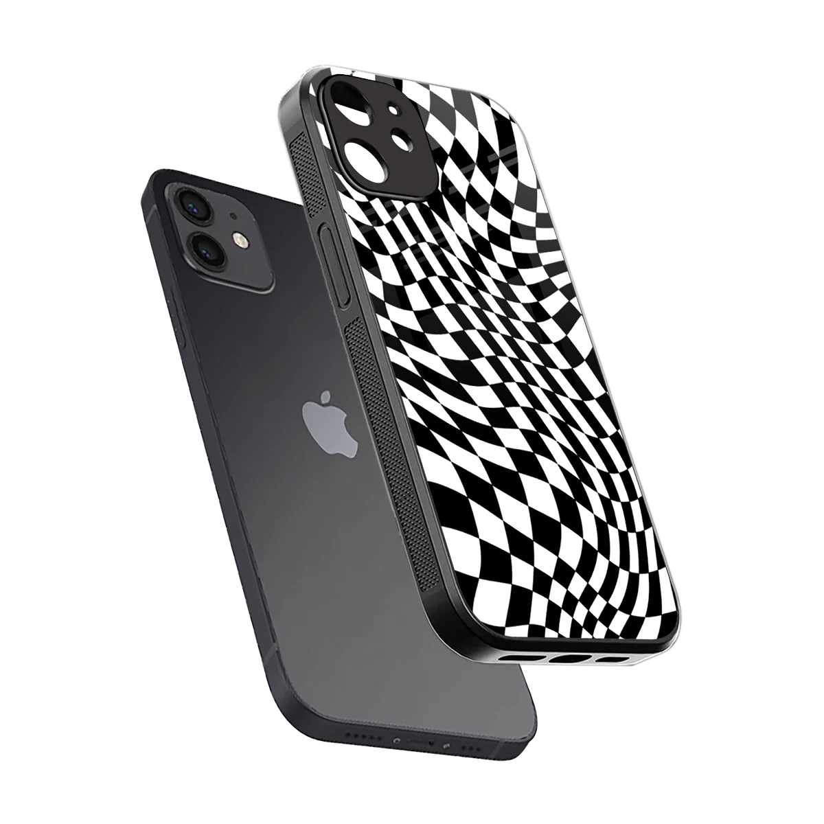 Trippy BW Checkers sleek iphone 12 cover with tempered glass back and TPU edges