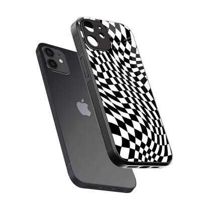 Trippy BW Checkers sleek iphone 12 cover with tempered glass back and TPU edges