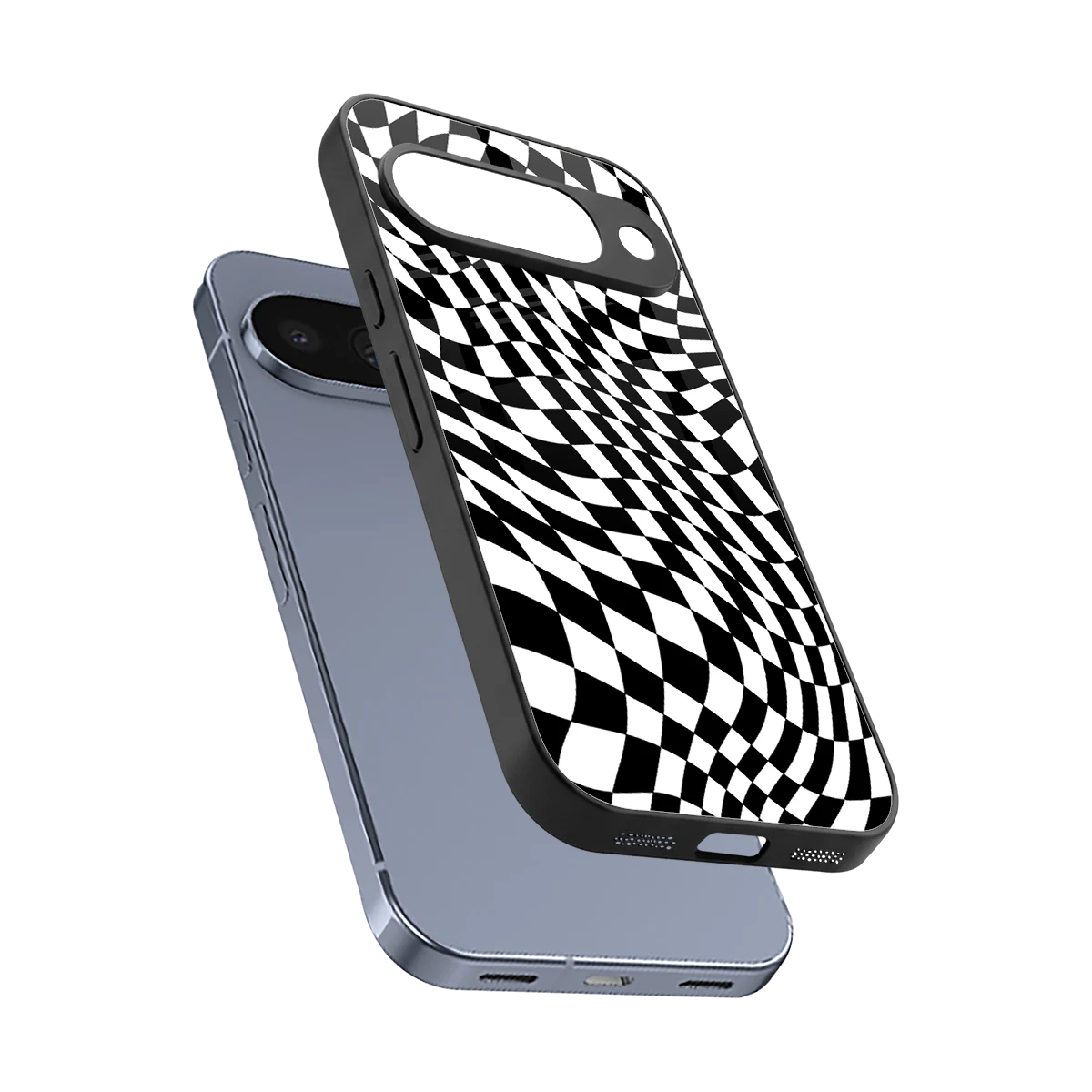 Trippy BW Checkers sleek google pixel 10 cover with tempered glass back and TPU edges