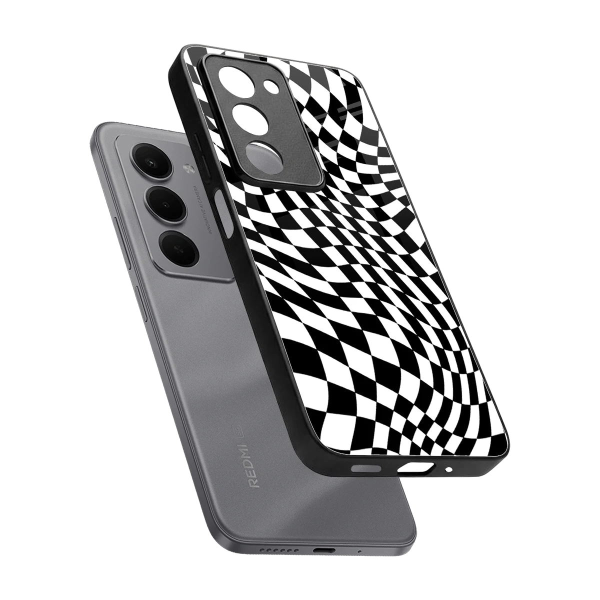 Trippy BW Checkers sleek redmi 15 5g cover with tempered glass back and TPU edges