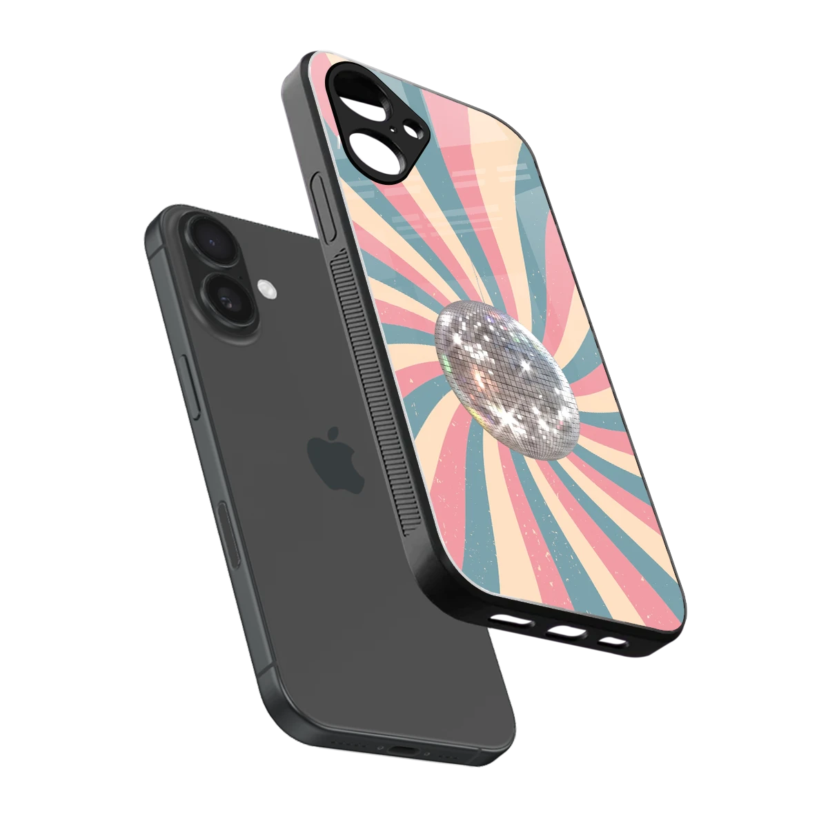 Trippy Disco sleek iPhone 16 cover with tempered glass back and TPU edges
