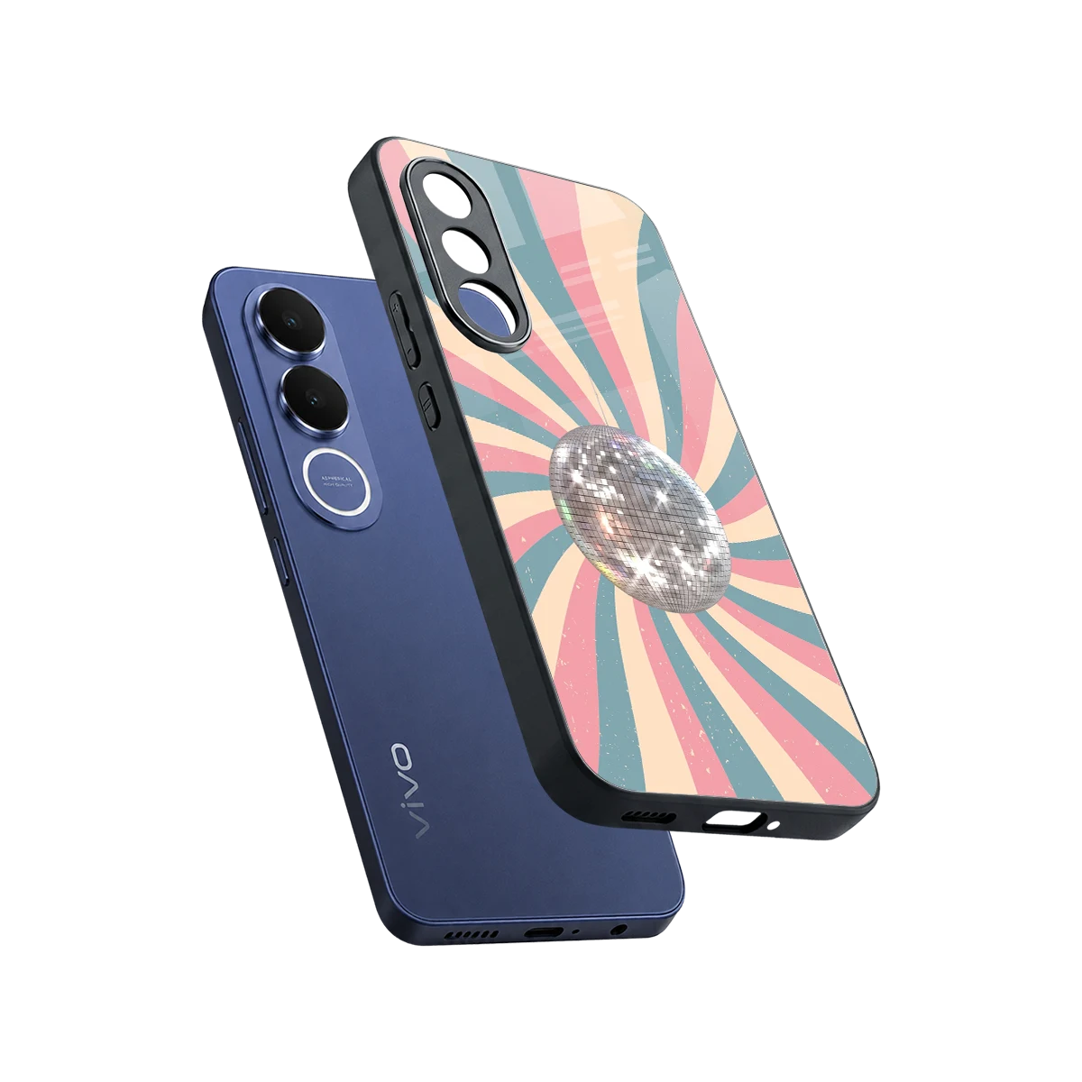 Trippy Disco sleek vivo v70 fe cover with tempered glass back and TPU edges