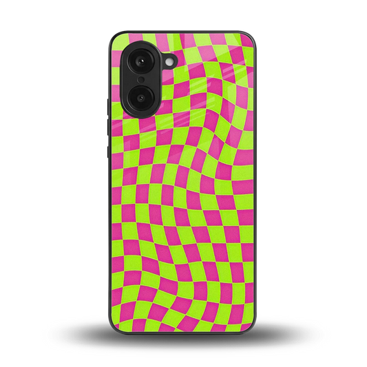 Trippy Green Pink Checkers back phone cover | glass case for oneplus nord ce5 5g
