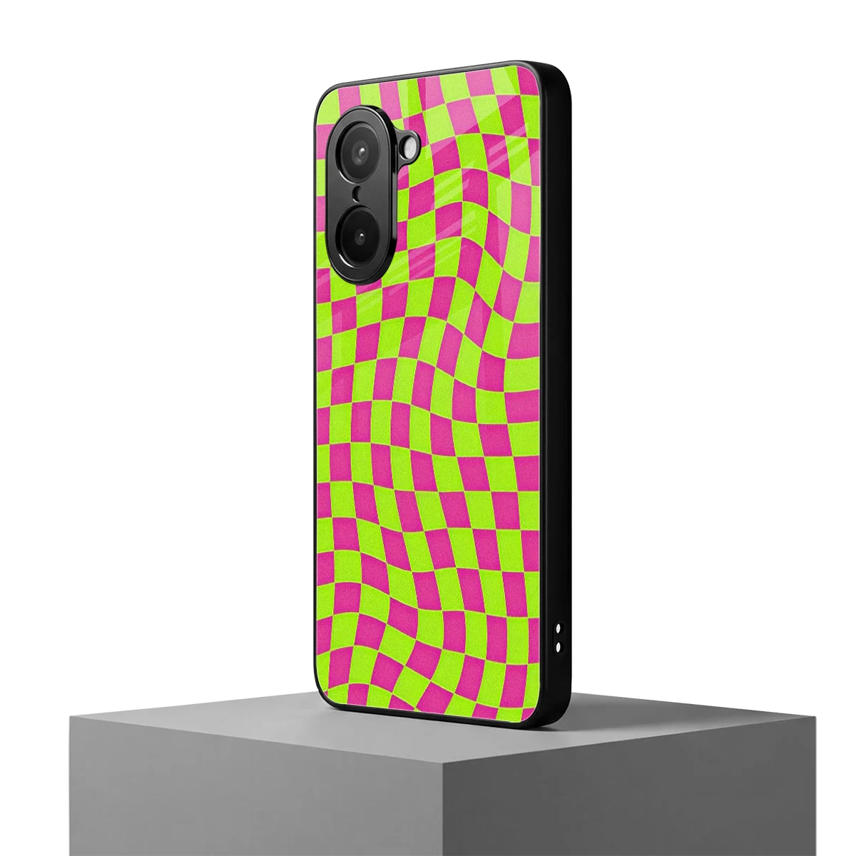 Trippy Green Pink Checkers oneplus nord ce5 5g mobile cover | shockproof glass phone case
