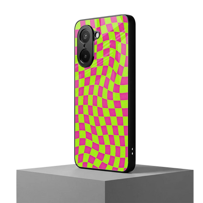 Trippy Green Pink Checkers oneplus nord ce5 5g mobile cover | shockproof glass phone case