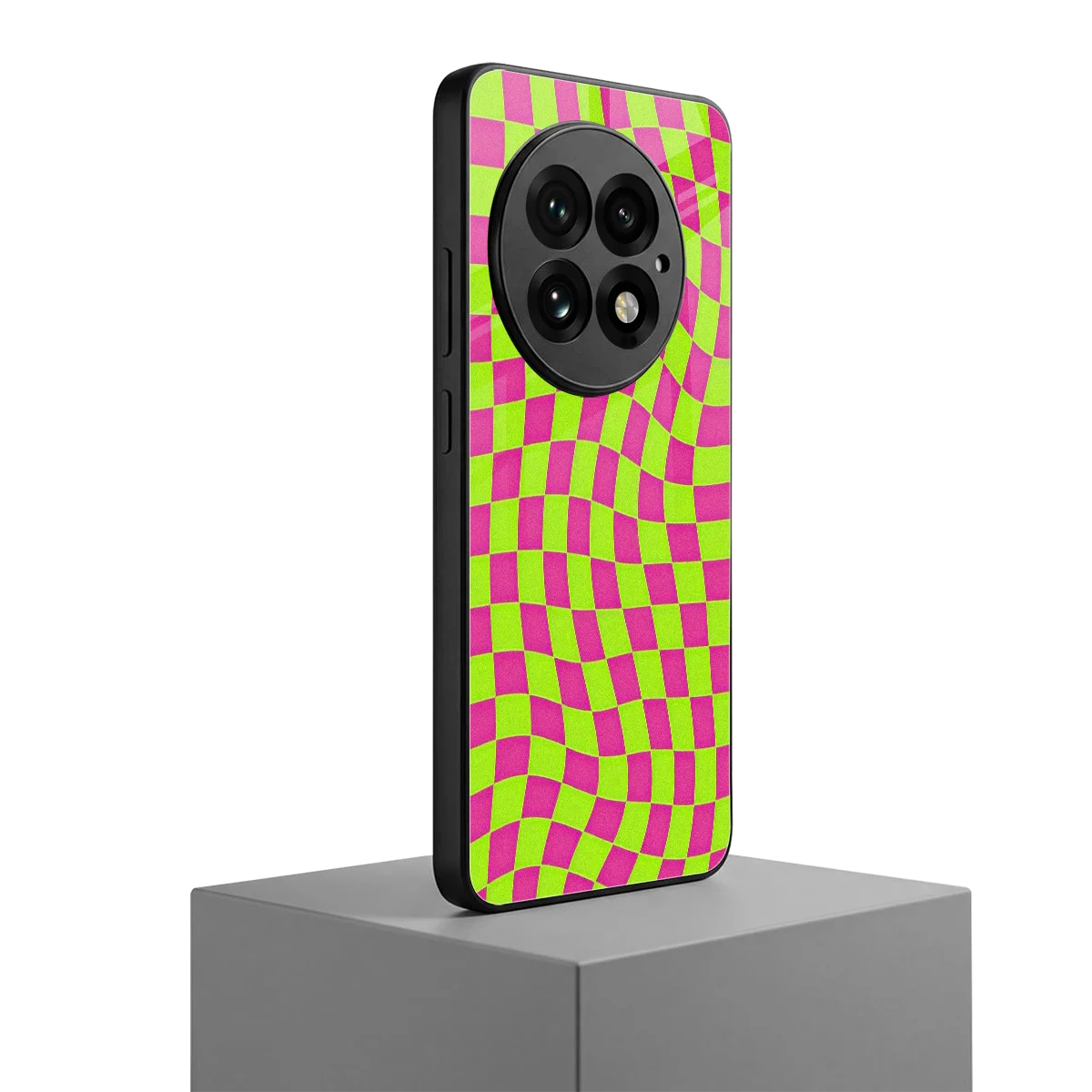 Trippy Green Pink Checkers oneplus 13 mobile cover | shockproof glass phone case