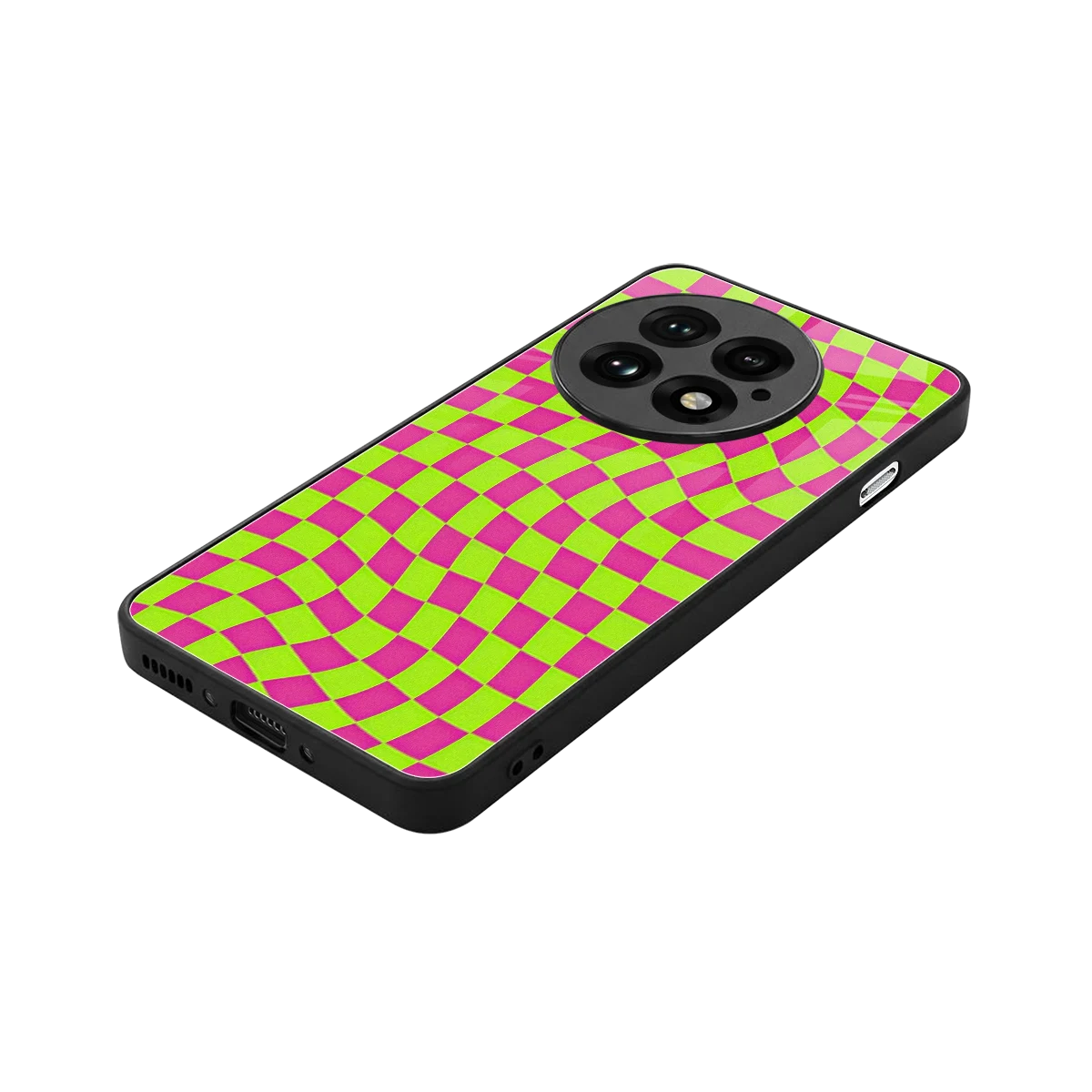 Trippy Green Pink Checkers stylish phone case for oneplus 13 | glossy glass and slim fit