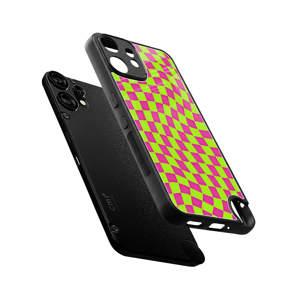 Trippy Green Pink Checkers sleek cmf nothing phone 2 pro cover with tempered glass back and TPU edges
