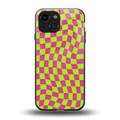 Trippy Green Pink Checkers back phone cover | glass case for iphone 12 mini