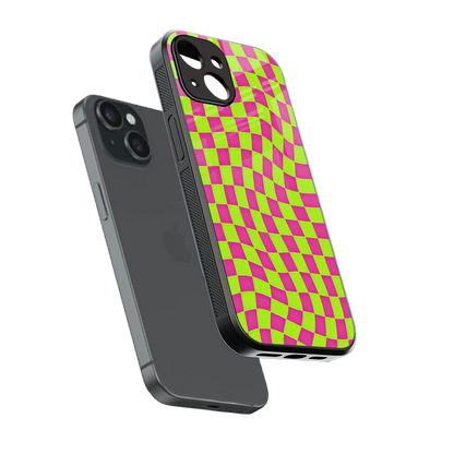 Trippy Green Pink Checkers sleek iphone 12 mini cover with tempered glass back and TPU edges