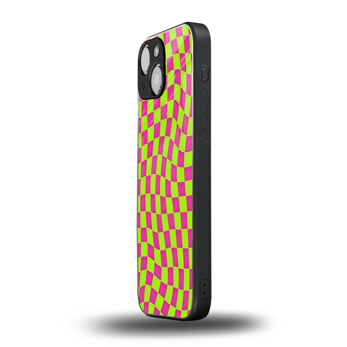 Trippy Green Pink Checkers iphone 13 mini mobile cover | shockproof glass phone case