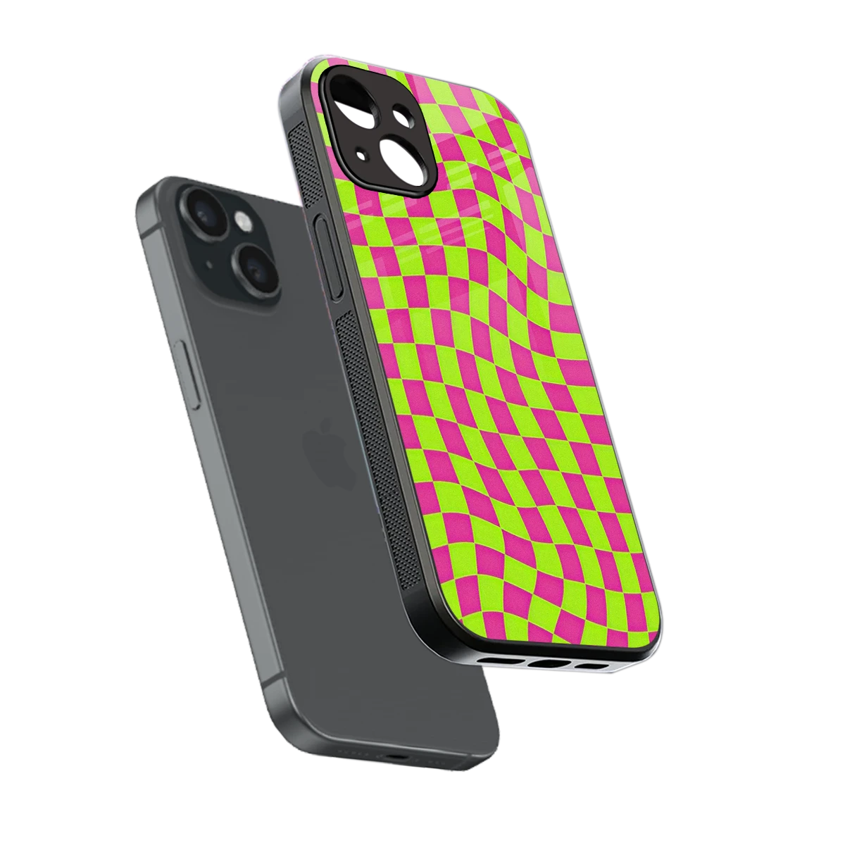 Trippy Green Pink Checkers sleek iphone 13 cover with tempered glass back and TPU edges