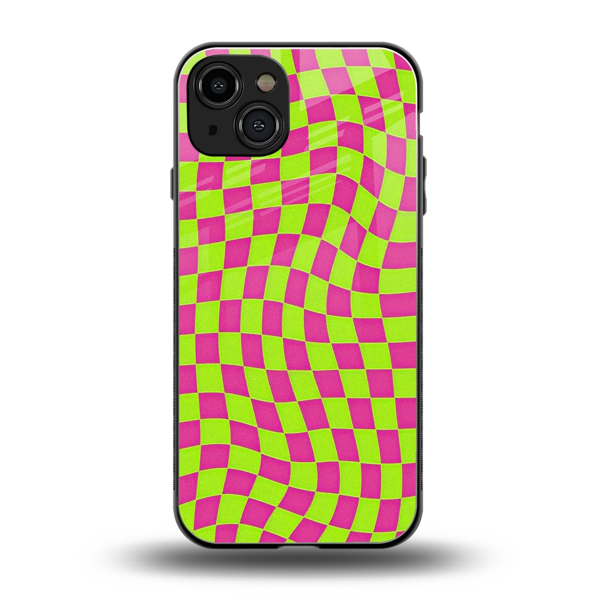 Trippy Green Pink Checkers back phone cover | glass case for iphone 15