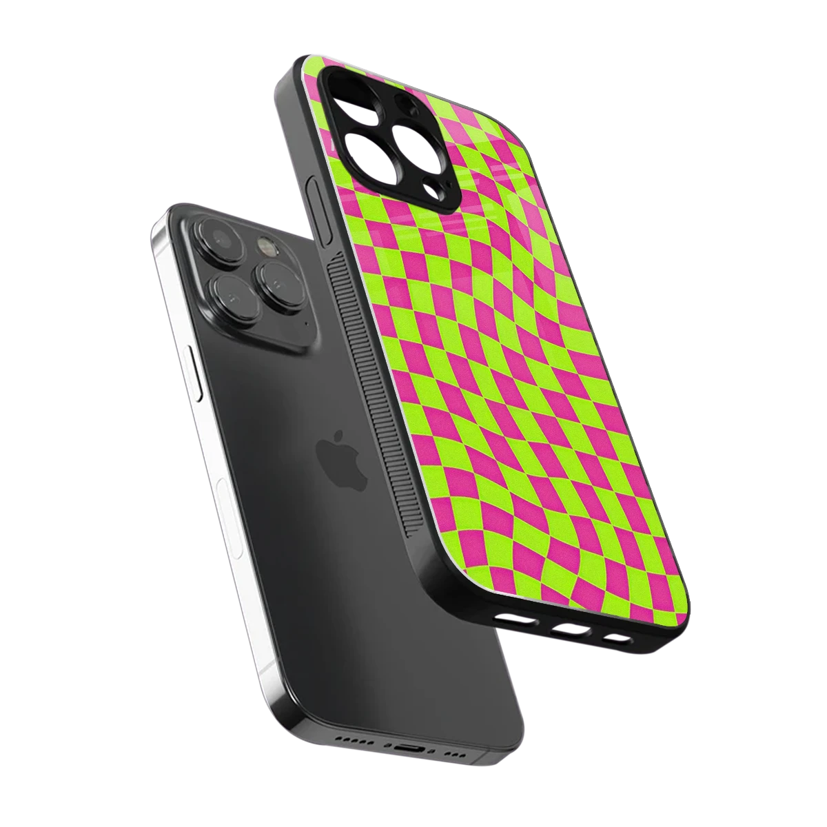 Trippy Green Pink Checkers sleek iphone 15 pro cover with tempered glass back and TPU edges