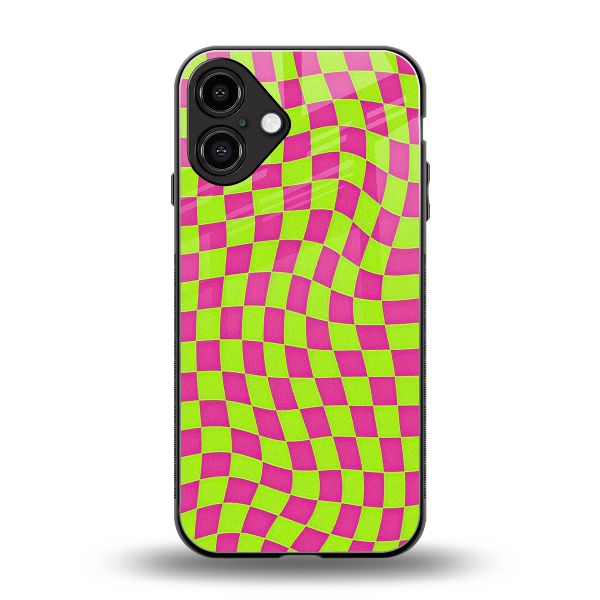 Trippy Green Pink Checkers back phone cover | glass case for iphone 16 plus