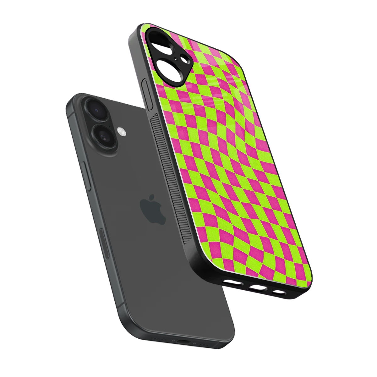 Trippy Green Pink Checkers sleek iphone 16 plus cover with tempered glass back and TPU edges