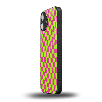 Trippy Green Pink Checkers iphone 16 plus mobile cover | shockproof glass phone case