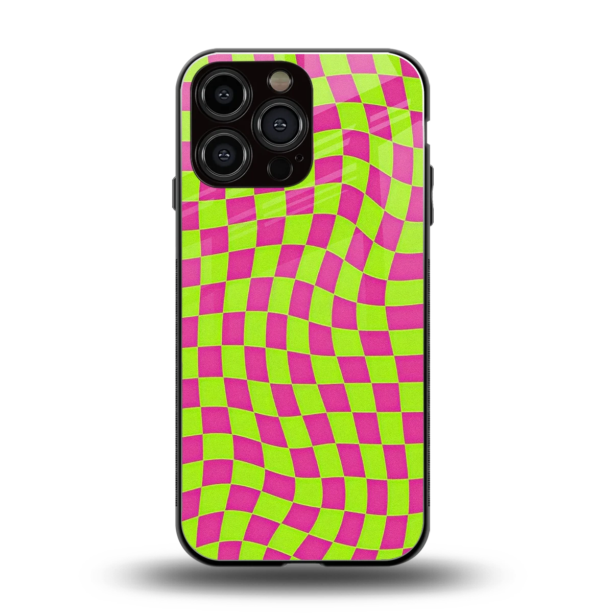 Trippy Green Pink Checkers back phone cover | glass case for iphone 16 pro max