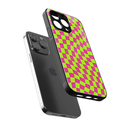 Trippy Green Pink Checkers sleek iphone 16 pro max cover with tempered glass back and TPU edges