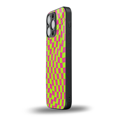 Trippy Green Pink Checkers iphone 16 pro max mobile cover | shockproof glass phone case