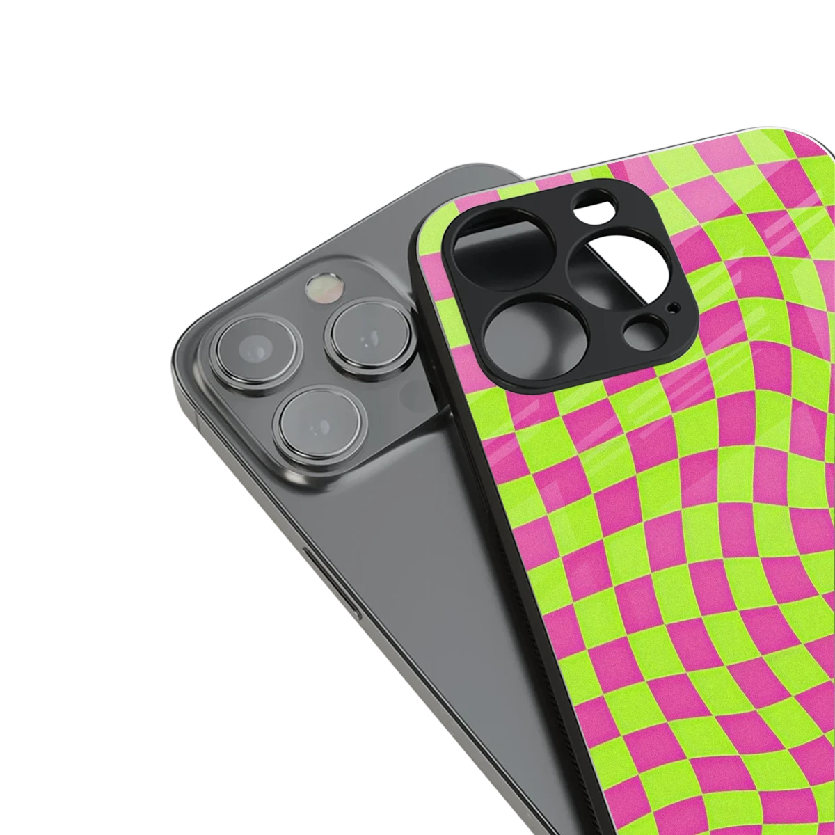 Trippy Green Pink Checkers stylish phone case for iphone 16 pro max | glossy glass and slim fit