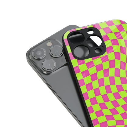 Trippy Green Pink Checkers stylish phone case for iphone 16 pro max | glossy glass and slim fit
