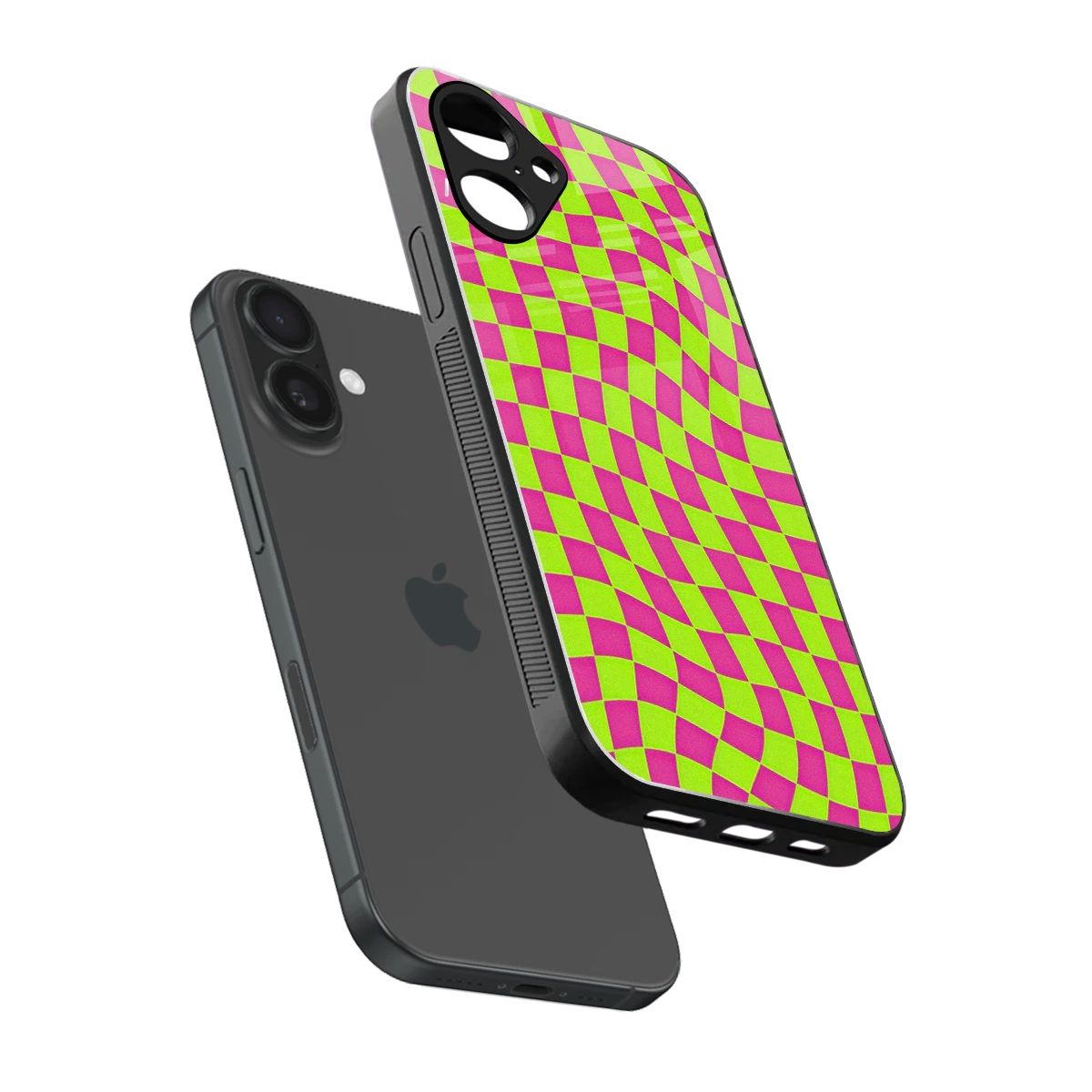 Trippy Green Pink Checkers sleek iPhone 16 cover with tempered glass back and TPU edges