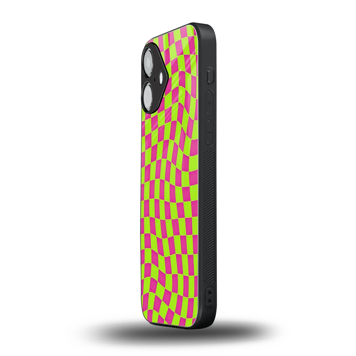 Trippy Green Pink Checkers iPhone 16 mobile cover | shockproof glass phone case