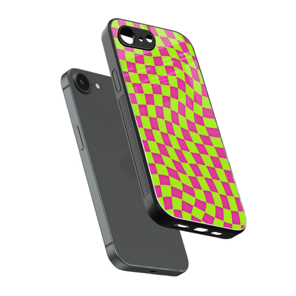 Trippy Green Pink Checkers sleek iphone 16e cover with tempered glass back and TPU edges