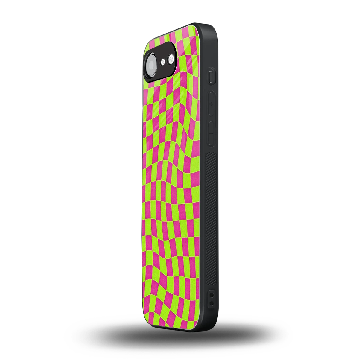 Trippy Green Pink Checkers iphone 16e mobile cover | shockproof glass phone case