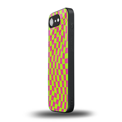Trippy Green Pink Checkers iphone 17e mobile cover | shockproof glass phone case