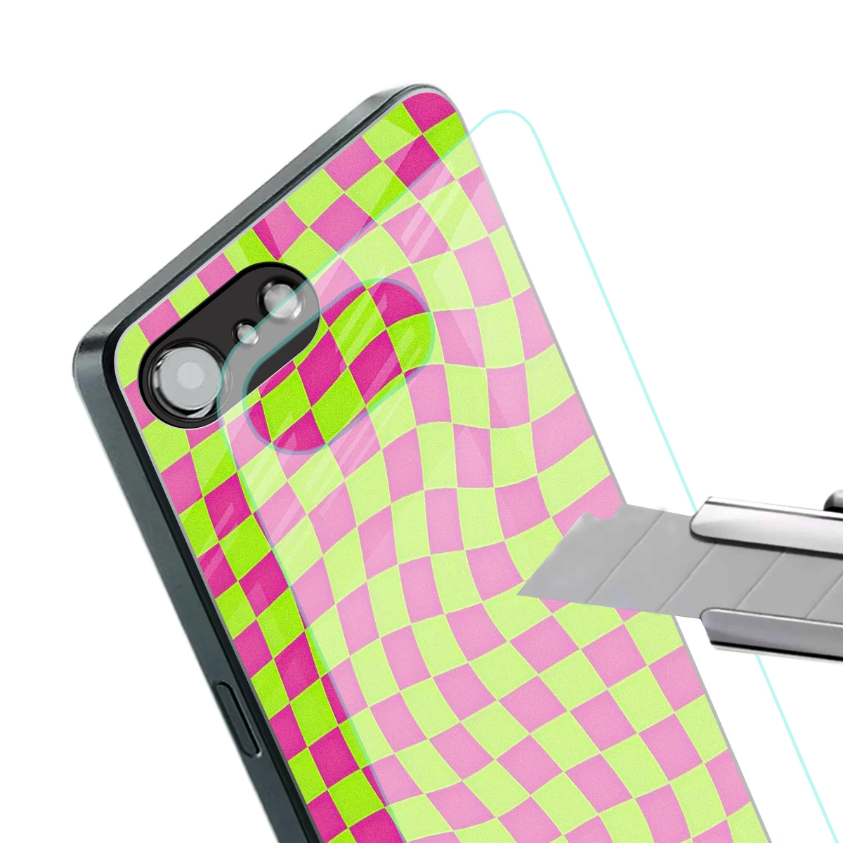 Trippy Green Pink Checkers stylish phone case for iphone 16e | glossy glass and slim fit