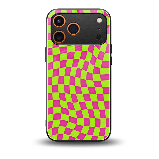 Trippy Green Pink Checkers back phone cover | glass case for iphone 17 pro max