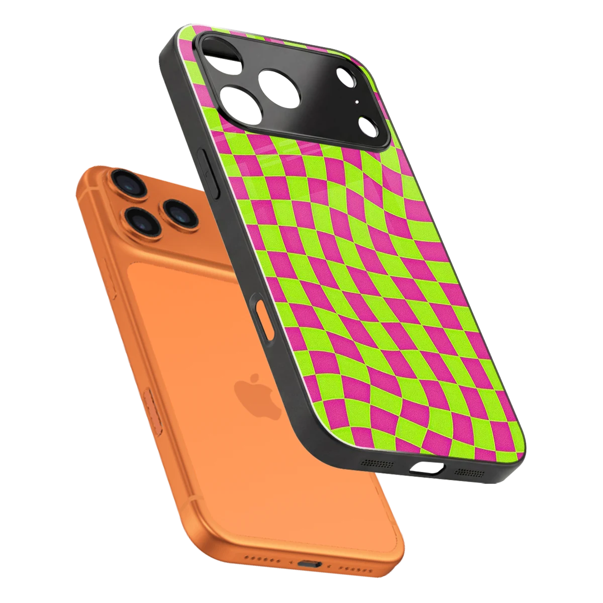 Trippy Green Pink Checkers sleek iphone 17 pro cover with tempered glass back and TPU edges