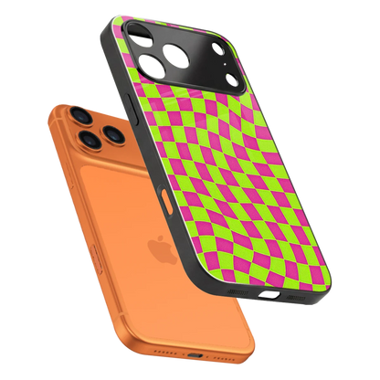 Trippy Green Pink Checkers sleek iphone 17 pro cover with tempered glass back and TPU edges