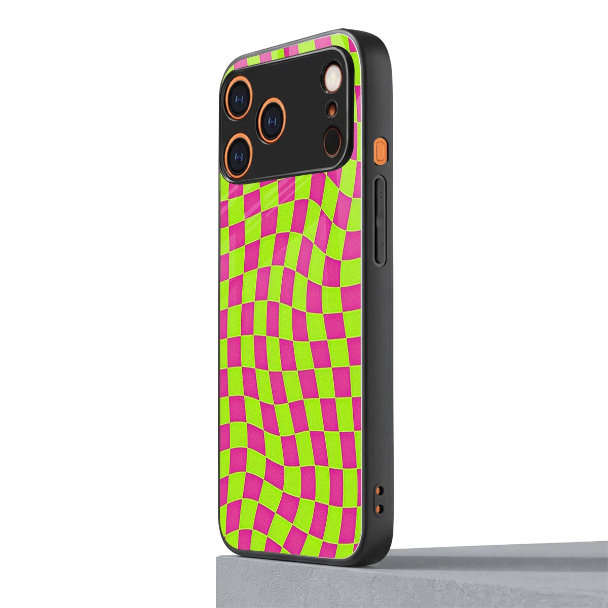 Trippy Green Pink Checkers iphone 17 pro mobile cover | shockproof glass phone case