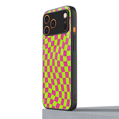 Trippy Green Pink Checkers iphone 17 pro mobile cover | shockproof glass phone case