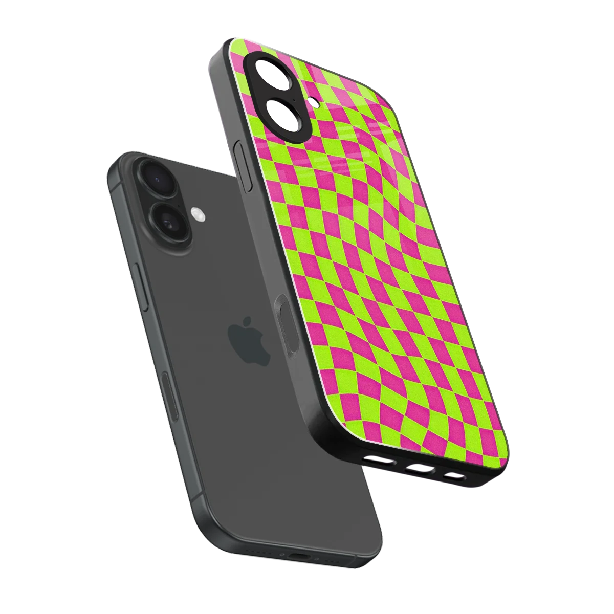 Trippy Green Pink Checkers sleek iphone 17 cover with tempered glass back and TPU edges