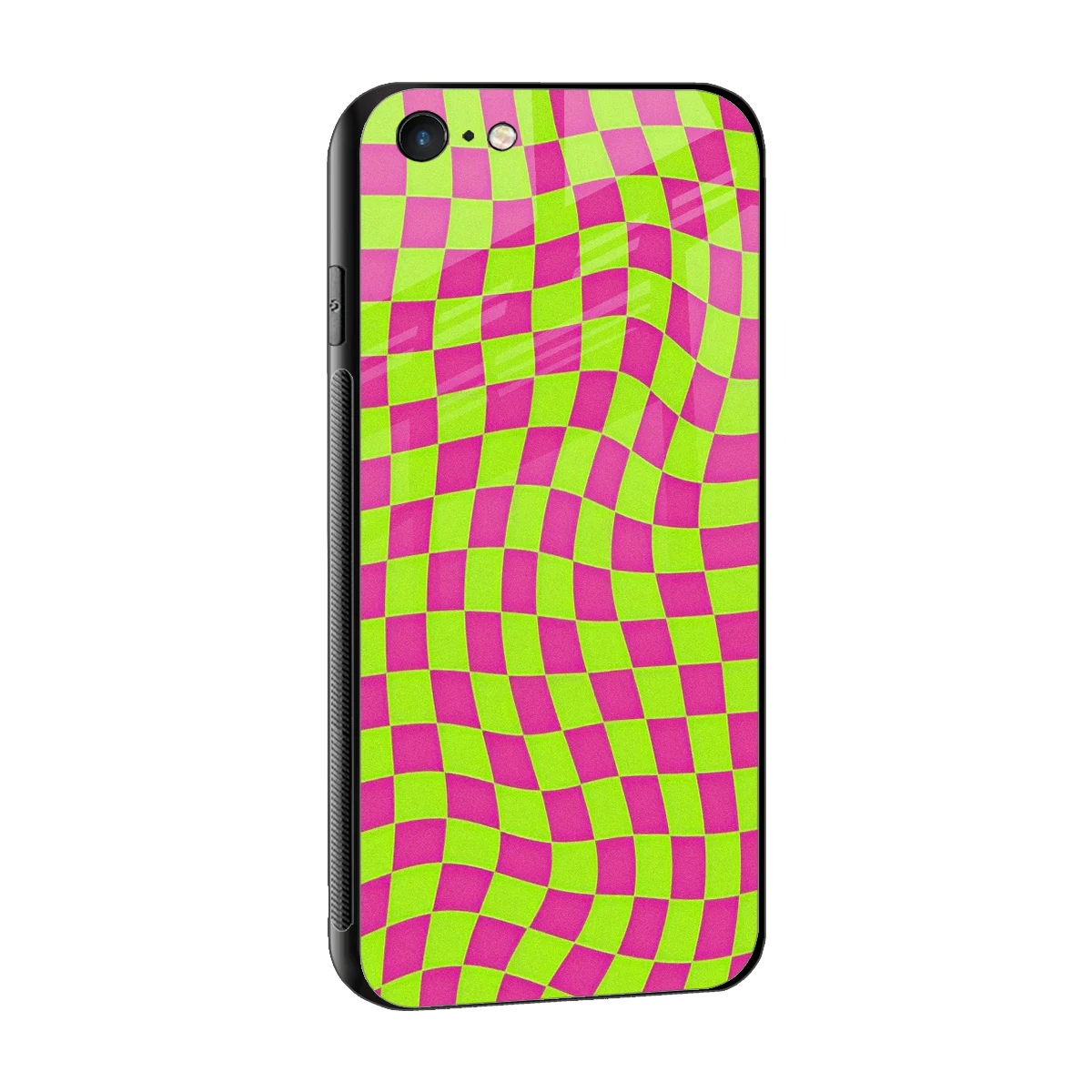Trippy Green Pink Checkers sleek iphone 6s cover with tempered glass back and TPU edges