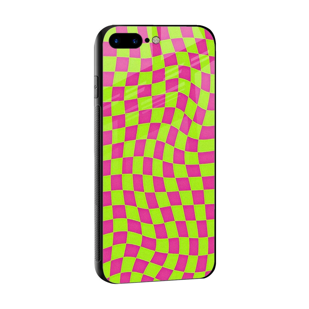 Trippy Green Pink Checkers sleek iphone 8 plus cover with tempered glass back and TPU edges