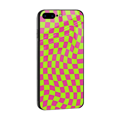 Trippy Green Pink Checkers sleek iphone 8 plus cover with tempered glass back and TPU edges